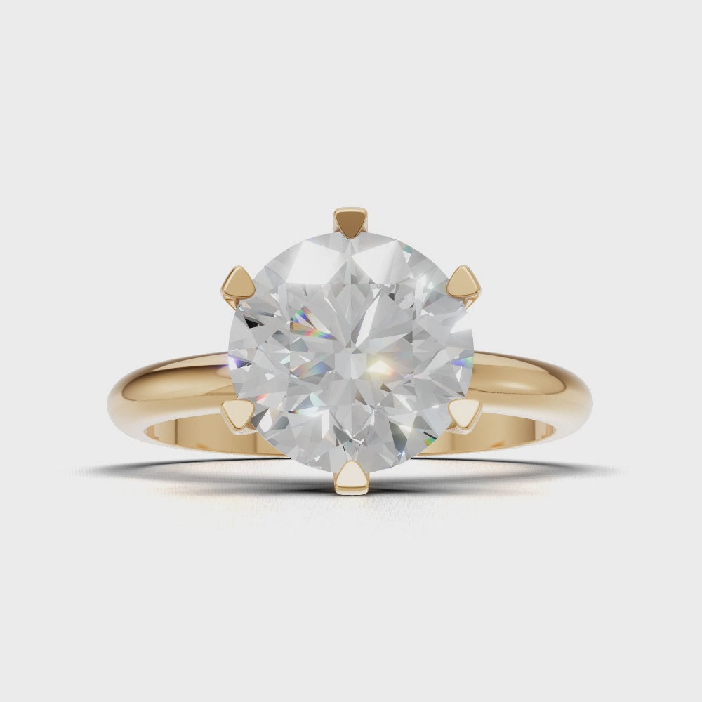 Retta, 2ct round lab grown diamond engagement ring, Plain Sides, 6 Prongs, Fixed Width, 18K yellow gold - turning