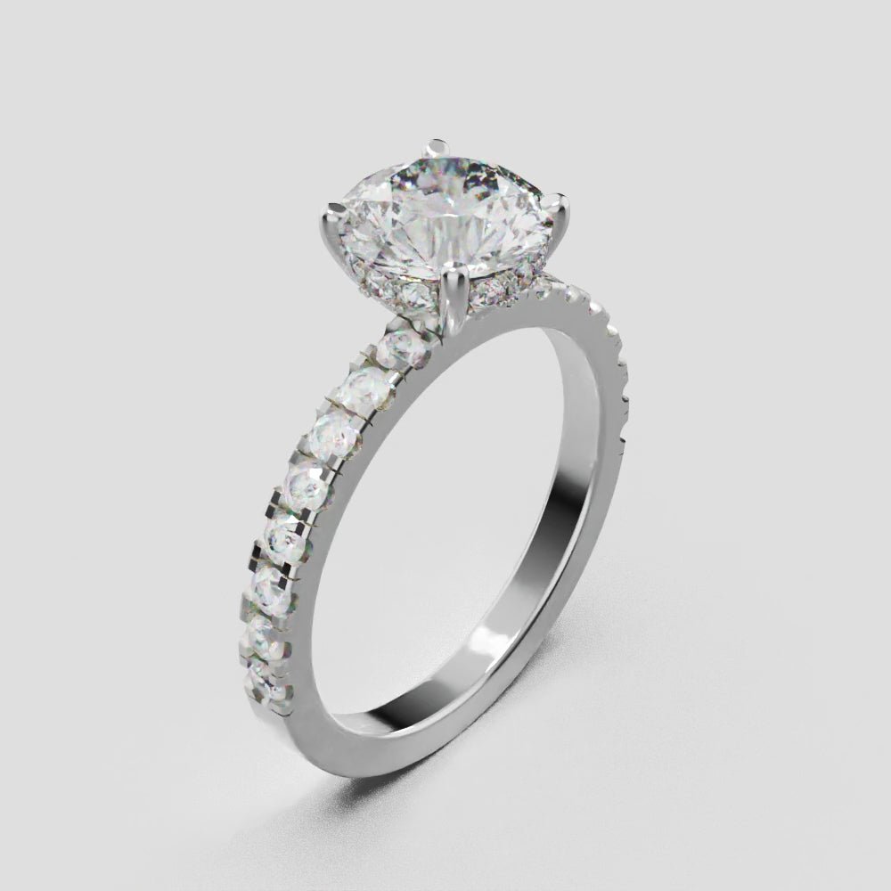 Brina, 1.5ct round lab grown diamond engagement ring, 1.8mm Pave, Hidden Halo, 4 Prongs, 18K white gold - turning