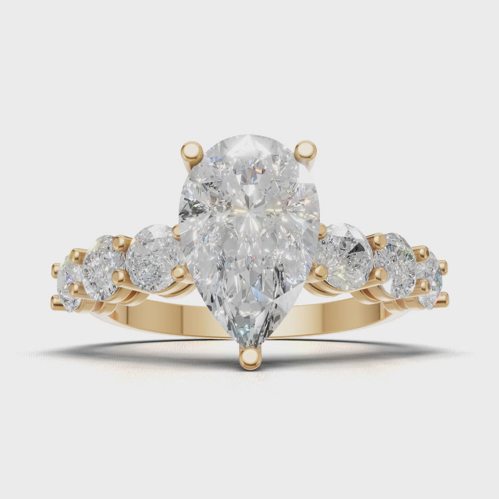 Cascata, 2ct pear lab grown diamond engagement ring, 3.5mm Side Stones, 18K yellow gold - turning