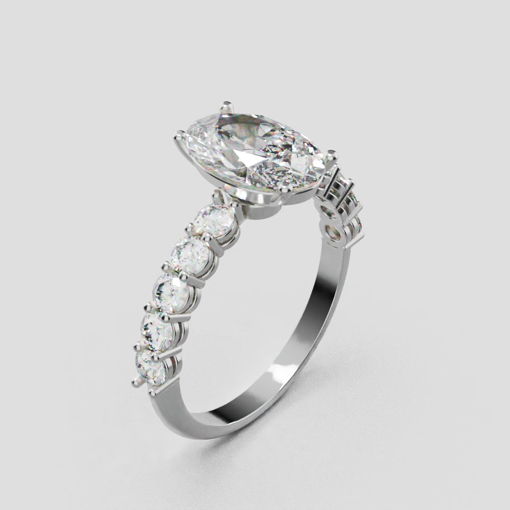 Rivo, 1.5ct oval lab grown diamond engagement ring, 2.5mm Side Stones, 18K white gold - turning