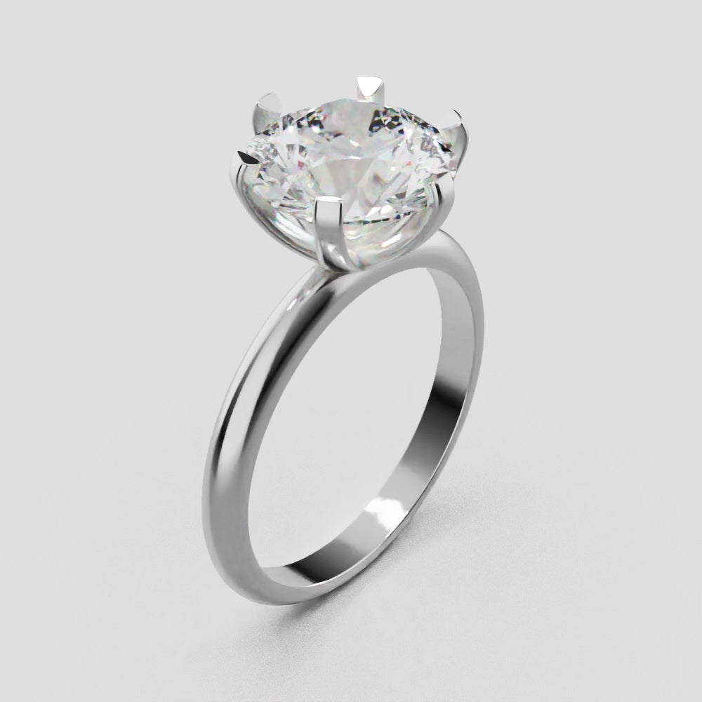Retta, 3ct round lab grown diamond engagement ring, Plain Sides, 6 Prongs, Fixed Width, 18K white gold - turning