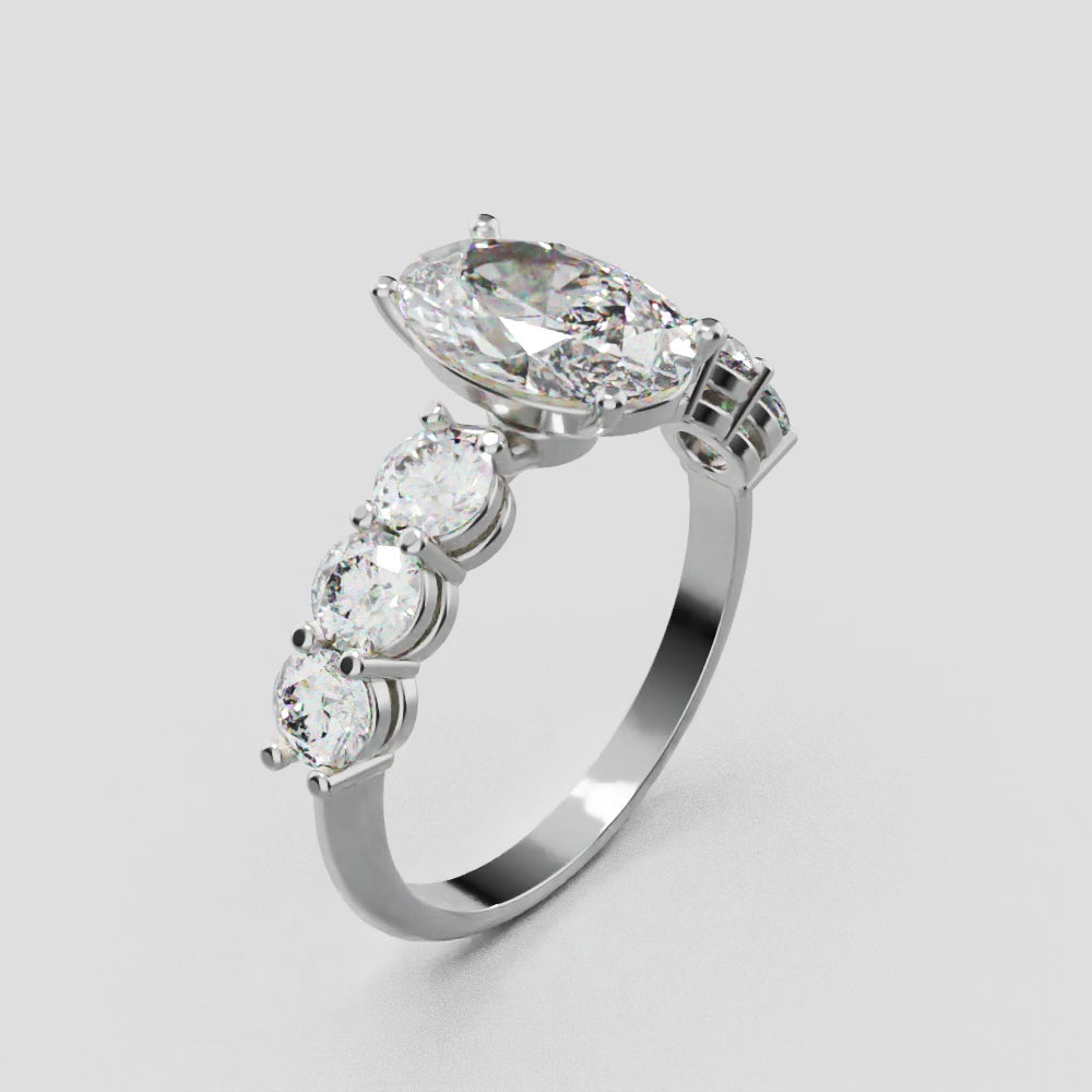 Delta, 1.5ct oval lab grown diamond engagement ring, 3.5mm Side Stones, 18K white gold - turning