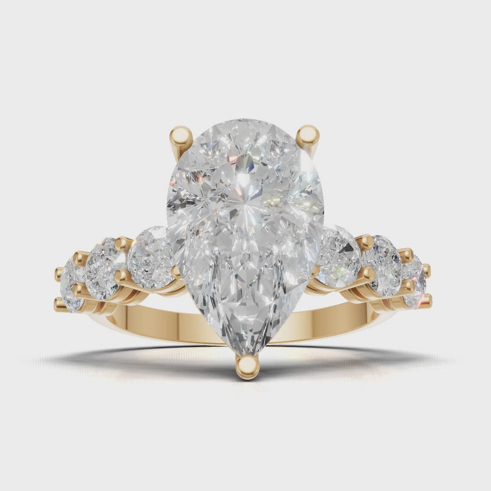 Cascata, 3ct pear lab grown diamond engagement ring, 3.5mm Side Stones, 18K yellow gold - turning