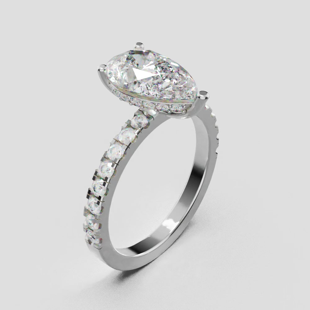 Sussurro, 2ct pear lab grown diamond engagement ring, 1.8mm Pave, Hidden Halo, 18K white gold - turning