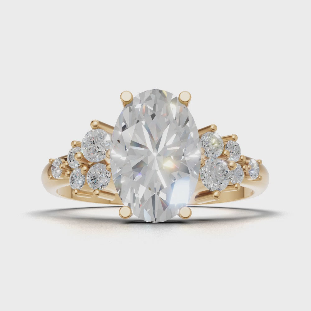 Sciame, 1.5ct oval lab grown diamond engagement ring, Cluster, 18K yellow gold - turning