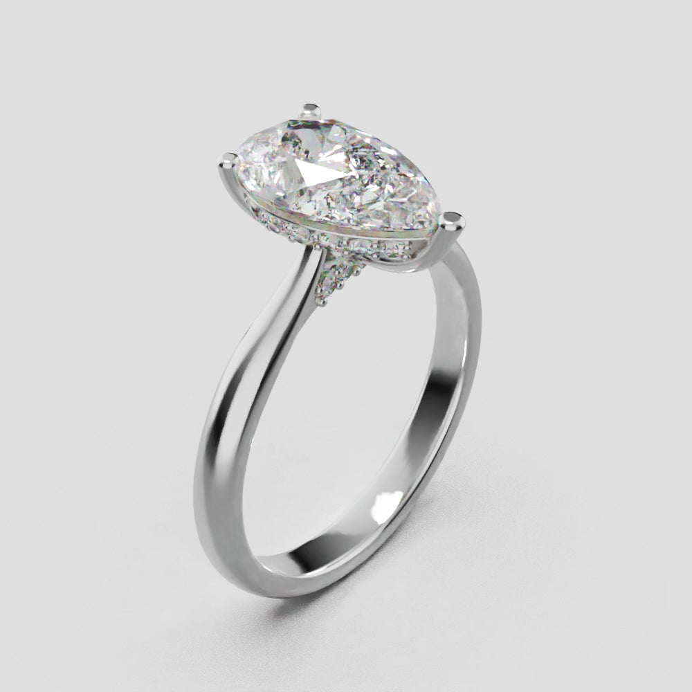 Campanile, 2ct pear lab grown diamond engagement ring, Cathedral Hidden Halo Bridge, 18K white gold - turning