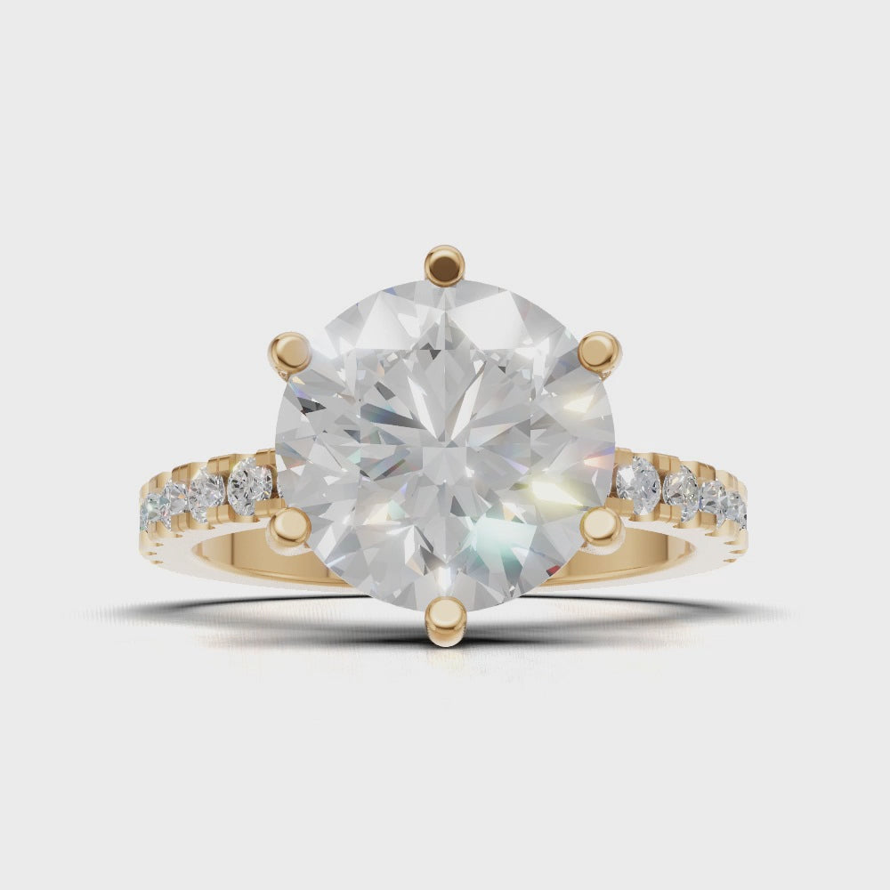 Rugiada, 3ct round lab grown diamond engagement ring, 1.8mm Pave, 6 Prongs, 18K yellow gold - turning
