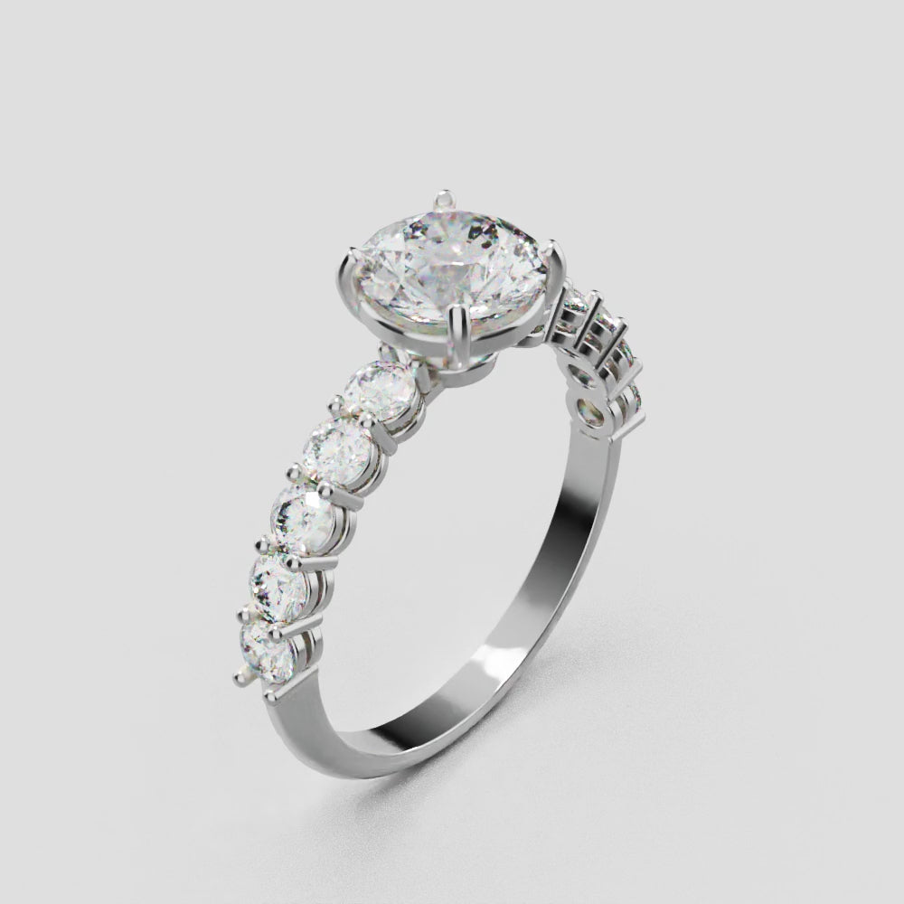 Sentiero, 1ct round lab grown diamond engagement ring, 2.5mm Side Stones, 18K white gold - turning