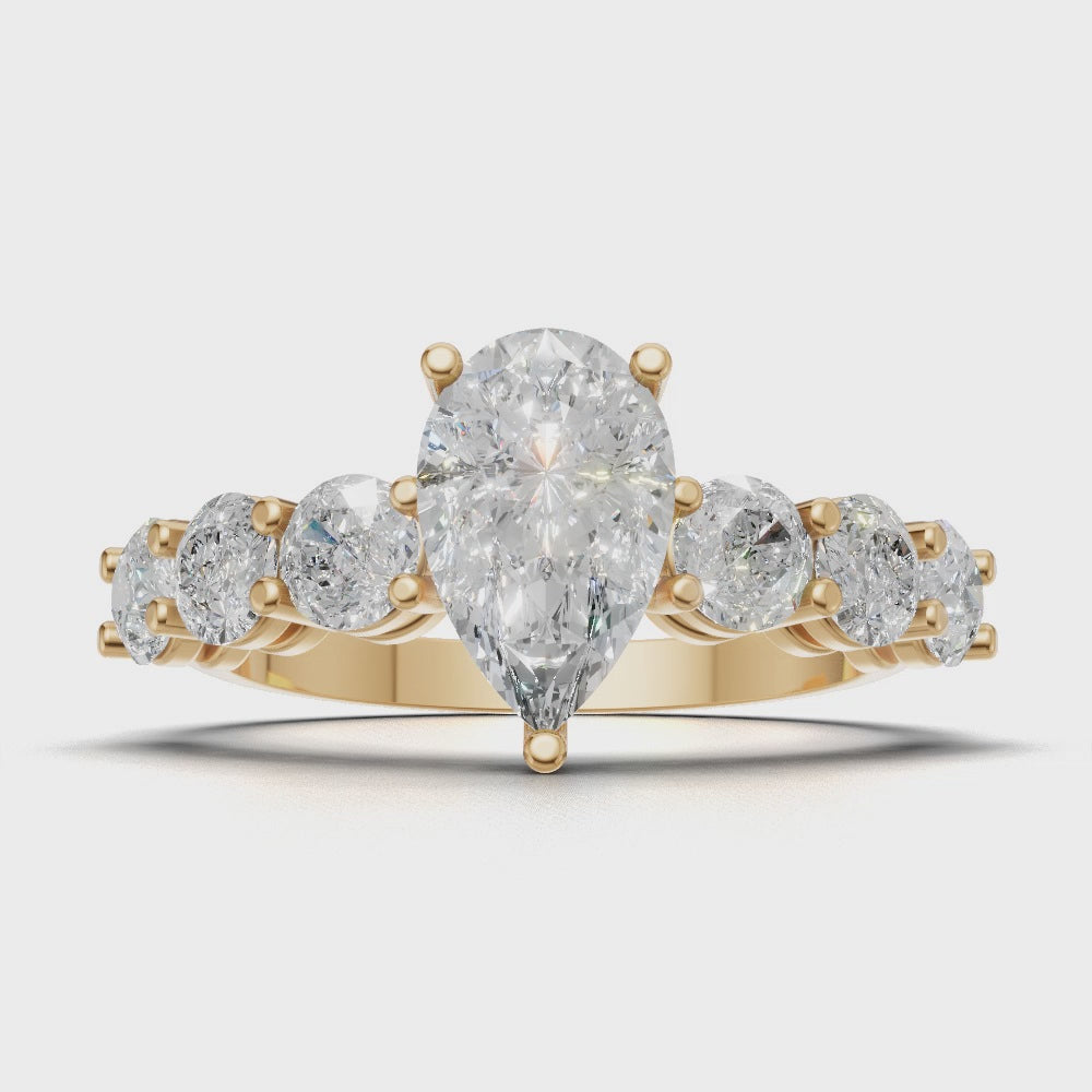 Cascata, 1ct pear lab grown diamond engagement ring, 3.5mm Side Stones, 18K yellow gold - turning