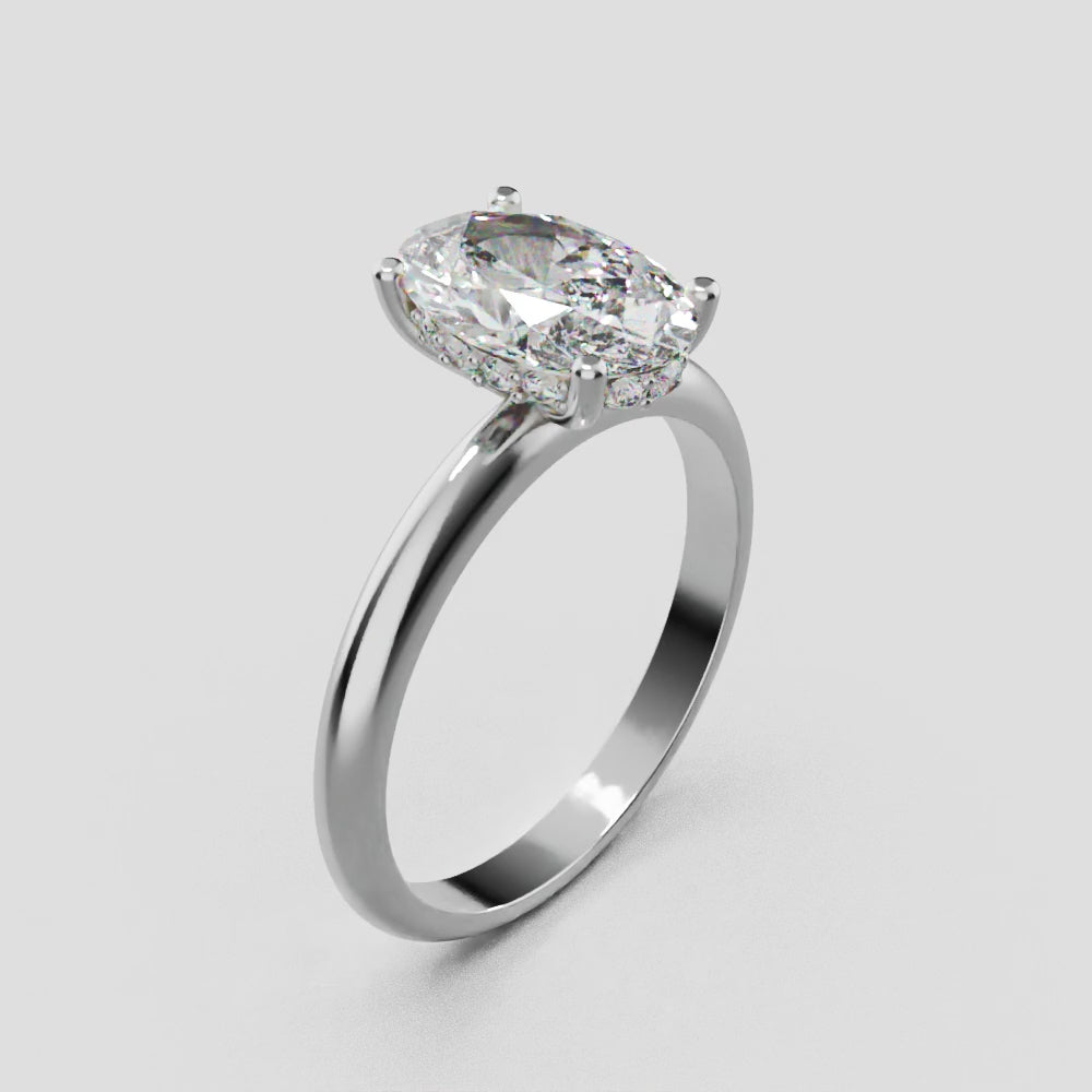 Riserbo, 1.5ct oval lab grown diamond engagement ring, Plain Sides, Hidden Halo, 18K white gold - turning