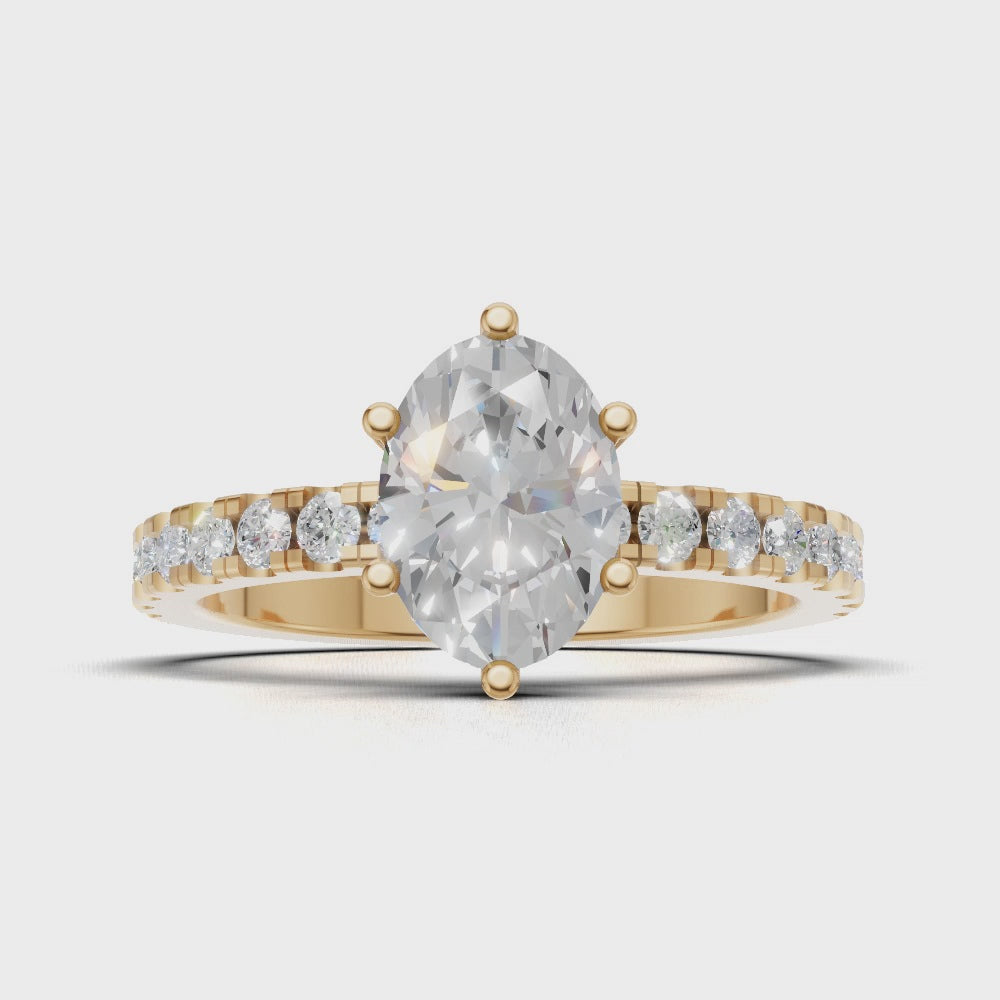 Pioggia, 1ct oval lab grown diamond engagement ring, 1.8mm Pave, 6 Prongs, 18K yellow gold - turning