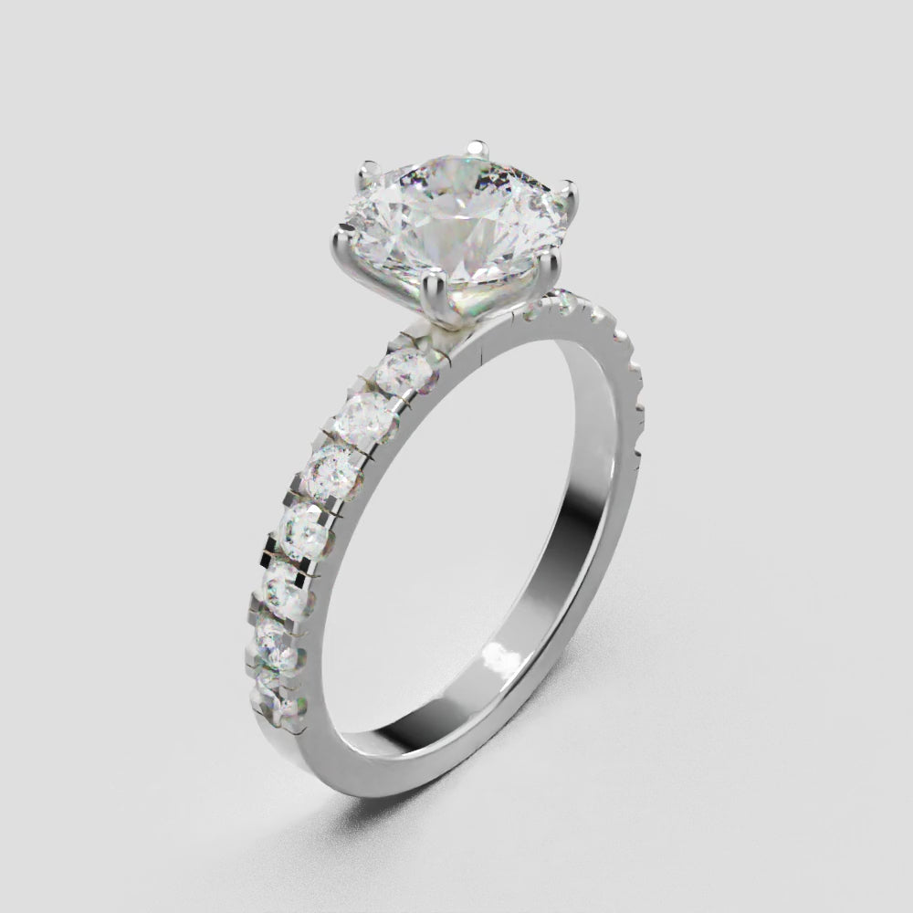 Selciato, 1.5ct round lab grown diamond engagement ring, 2.0mm Pave, 6 Prongs, 18K white gold - turning