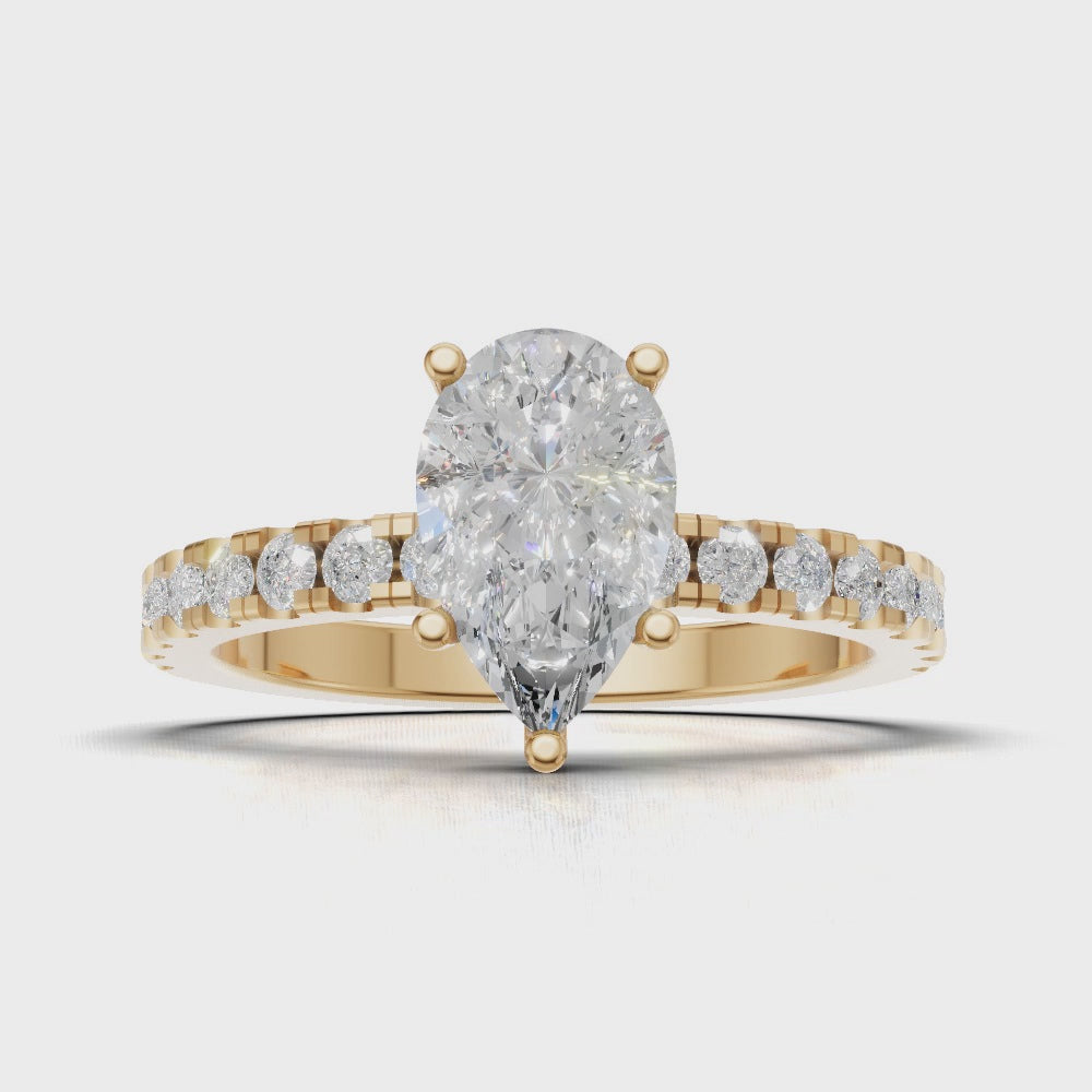 Brezza, 1ct pear lab grown diamond engagement ring, 1.8mm Pave, 5 Prongs, 18K yellow gold - turning
