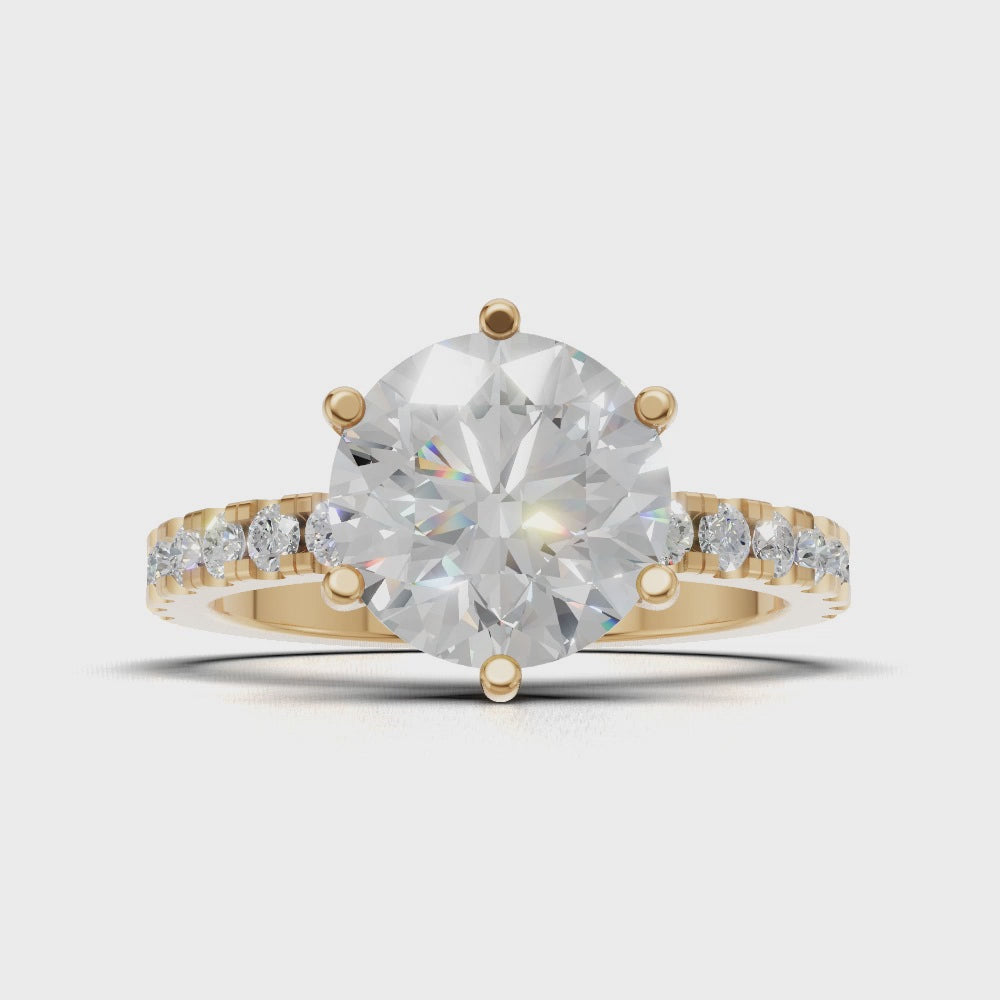 Rugiada, 2ct round lab grown diamond engagement ring, 1.8mm Pave, 6 Prongs, 18K yellow gold - turning