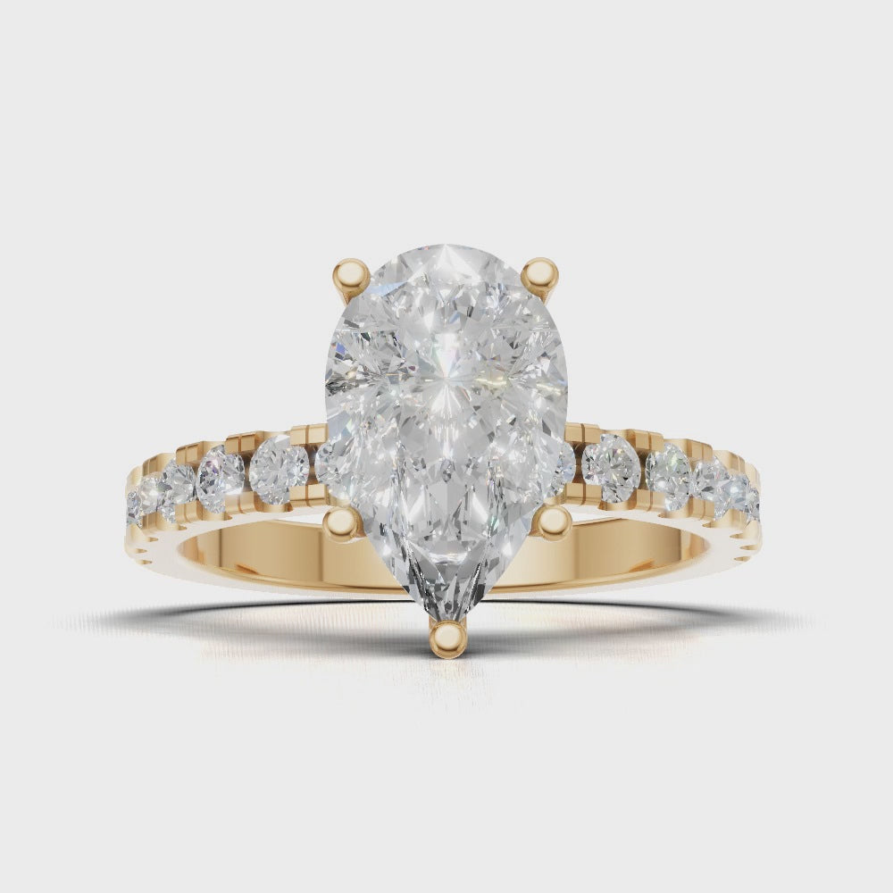 Corrente, 1.5ct pear lab grown diamond engagement ring, 2.0mm Pave, 5 Prongs, 18K yellow gold - turning