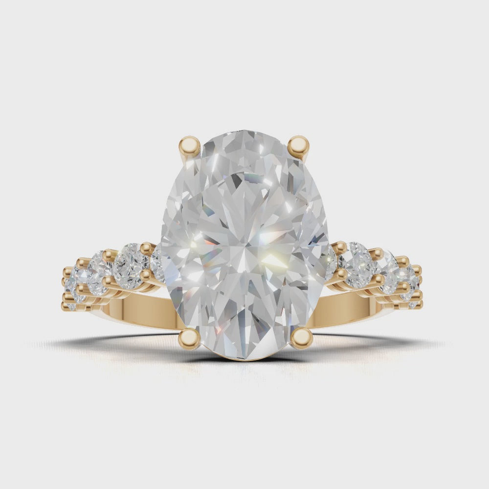 Rivo, 3ct oval lab grown diamond engagement ring, 2.5mm Side Stones, 18K yellow gold - turning