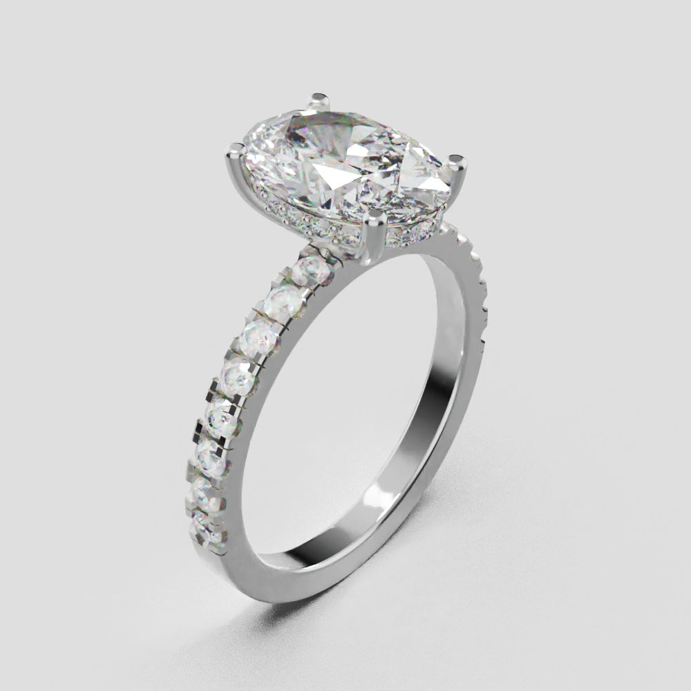 Foschia, 2ct oval lab grown diamond engagement ring, 1.8mm Pave, Hidden Halo, 18K white gold - turning