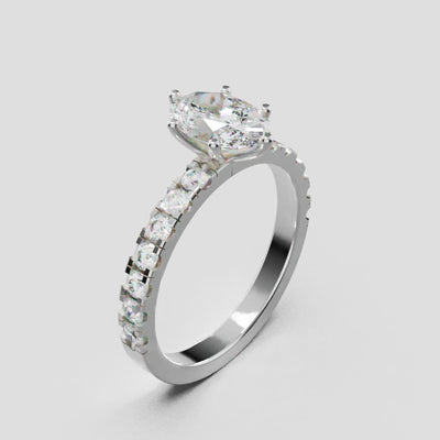 Bagliore, 1ct oval lab grown diamond engagement ring, 2.0mm Pave, 6 Prongs, 18K white gold - turning