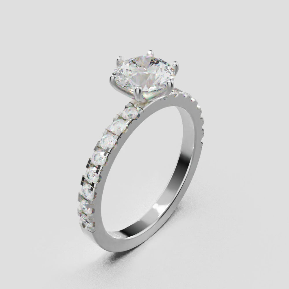 Rugiada, 1ct round lab grown diamond engagement ring, 1.8mm Pave, 6 Prongs, 18K white gold - turning