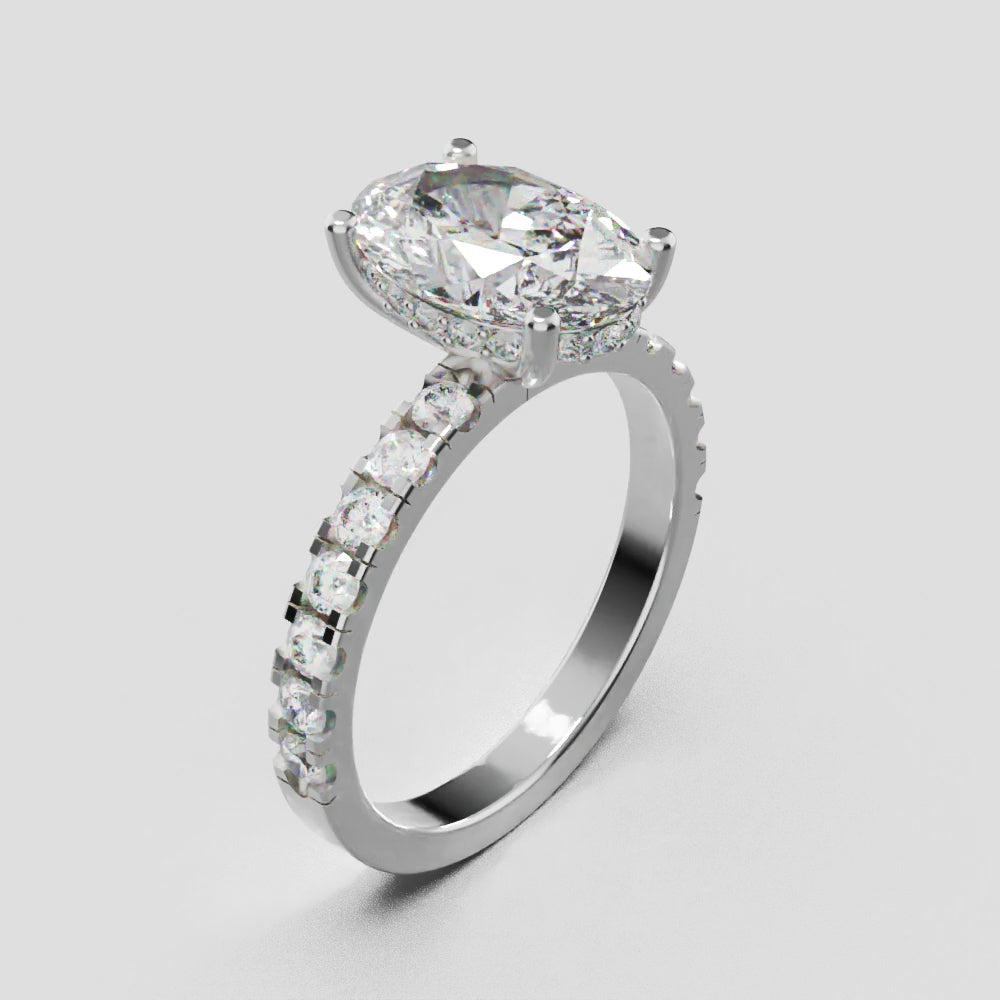 Penombra, 2ct oval lab grown diamond engagement ring, 2.0mm Pave, Hidden Halo, 18K white gold - turning
