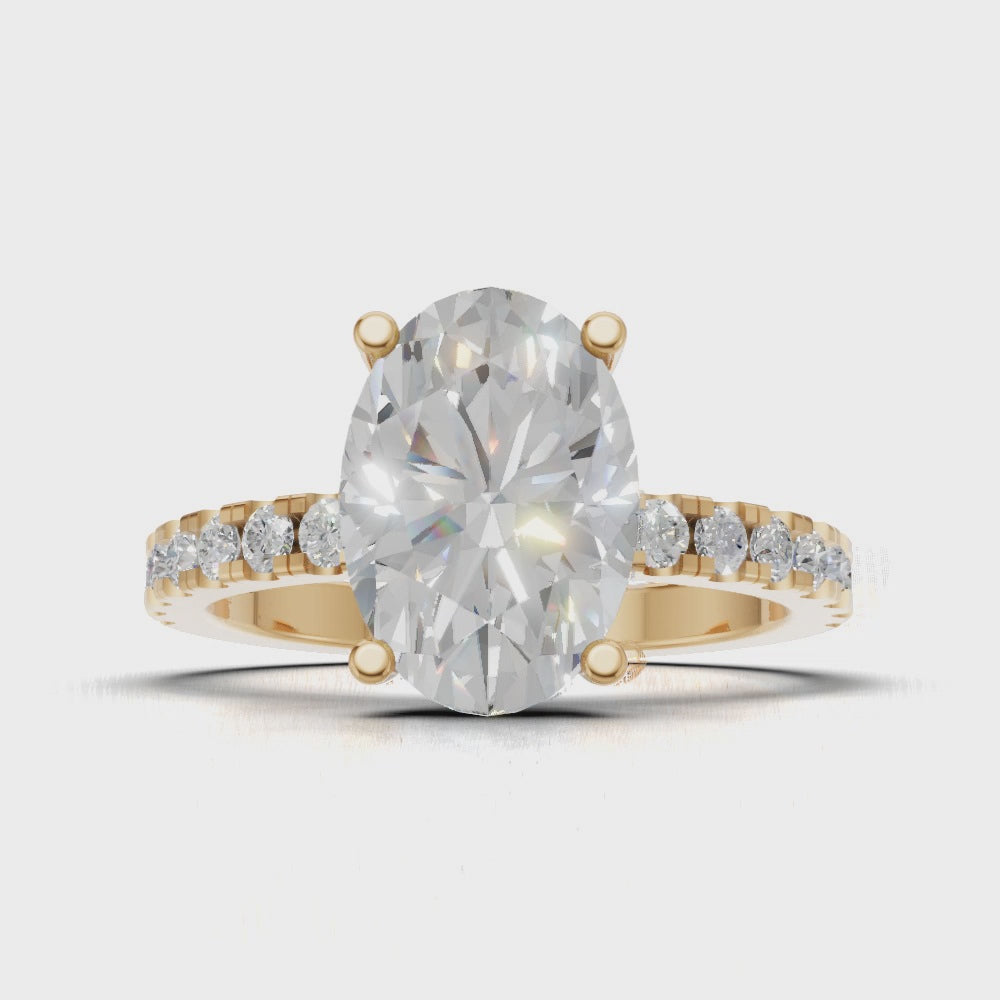 Foschia, 2ct oval lab grown diamond engagement ring, 1.8mm Pave, Hidden Halo, 18K yellow gold - turning