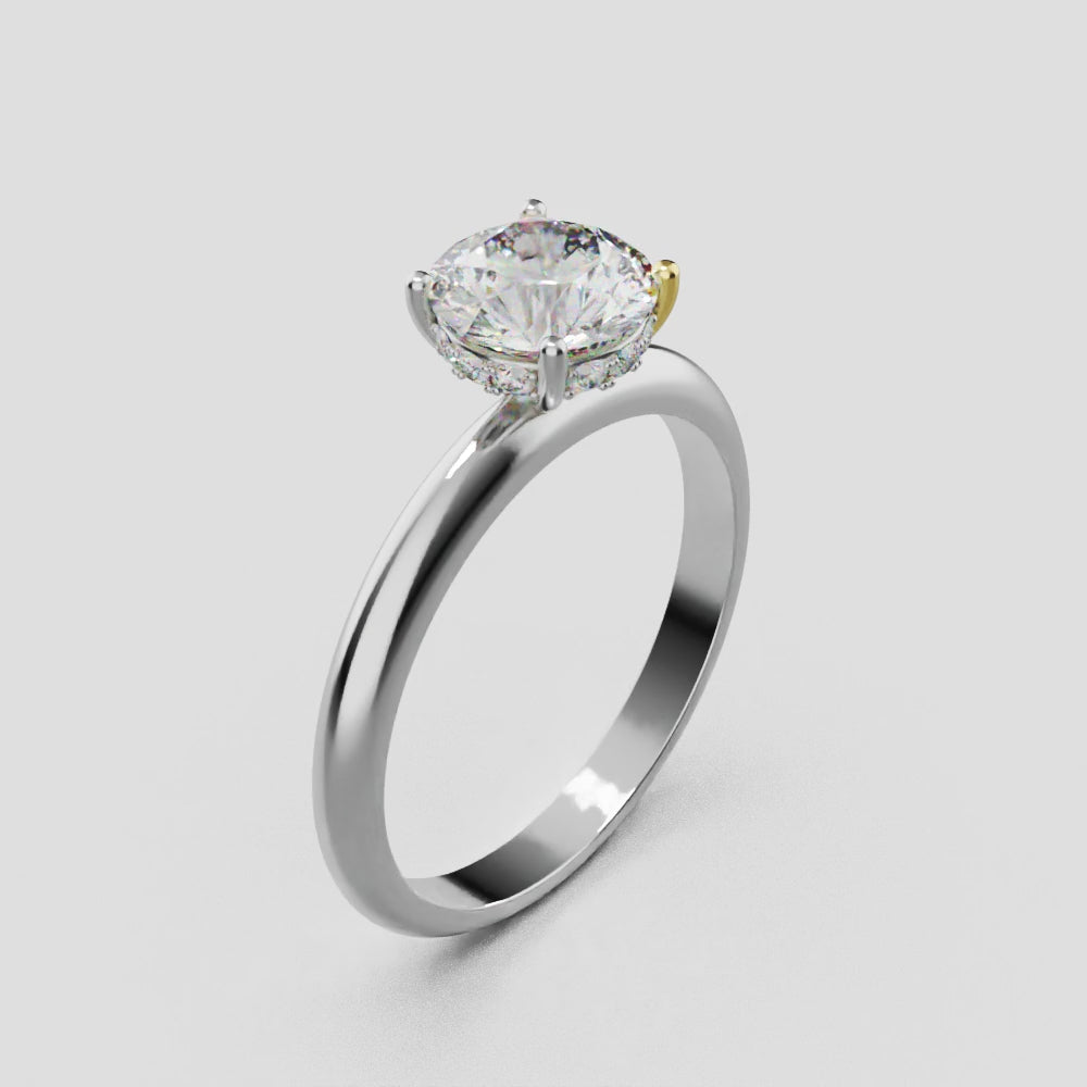 Segreto, 1ct round lab grown diamond engagement ring, Plain Sides, Hidden Halo, 4 Prongs, 18K white gold - turning
