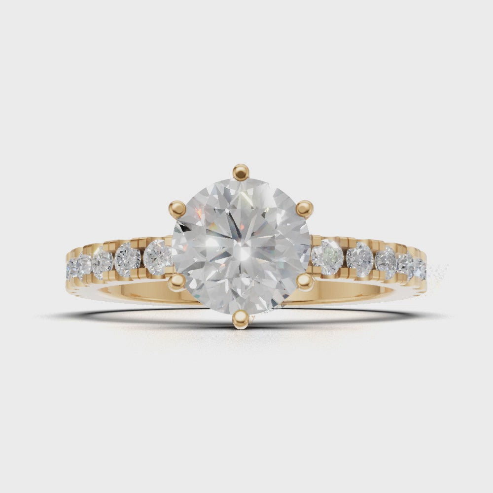 Rugiada, 1ct round lab grown diamond engagement ring, 1.8mm Pave, 6 Prongs, 18K yellow gold - turning