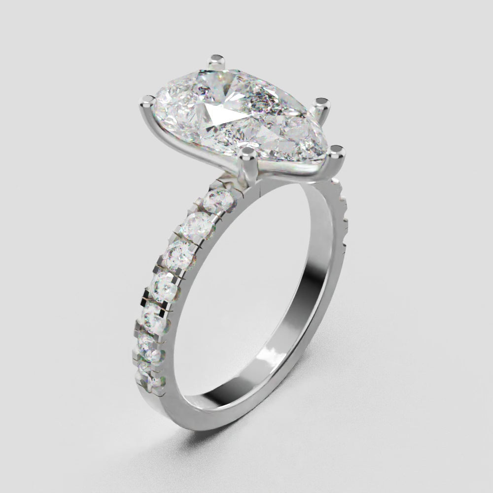 Corrente, 3ct pear lab grown diamond engagement ring, 2.0mm Pave, 5 Prongs, 18K white gold - turning