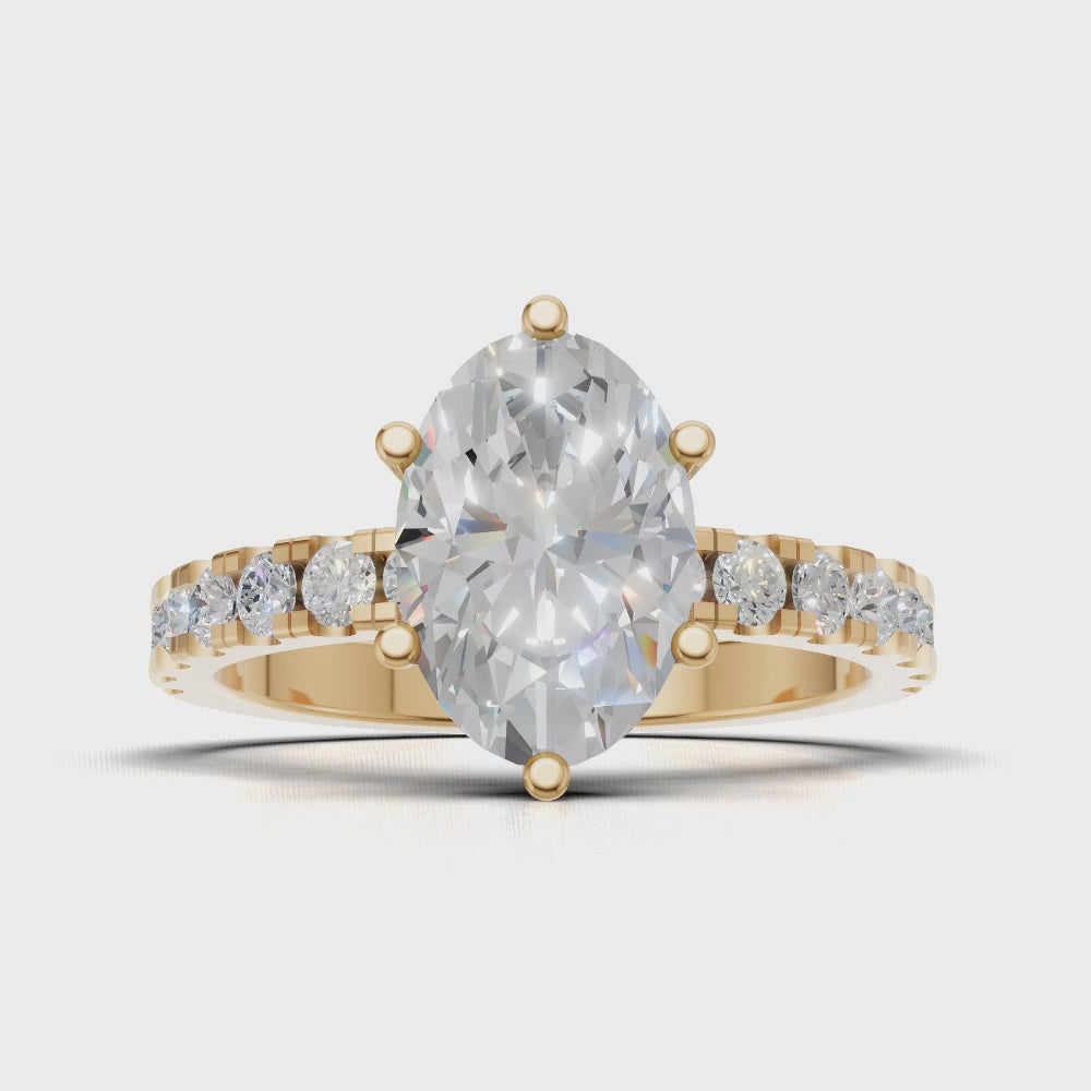 Bagliore, 1.5ct oval lab grown diamond engagement ring, 2.0mm Pave, 6 Prongs, 18K yellow gold - turning