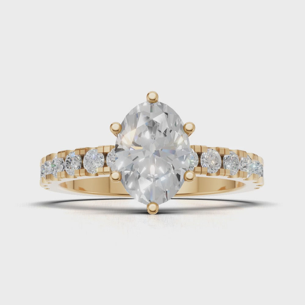 Bagliore, 1ct oval lab grown diamond engagement ring, 2.0mm Pave, 6 Prongs, 18K yellow gold - turning