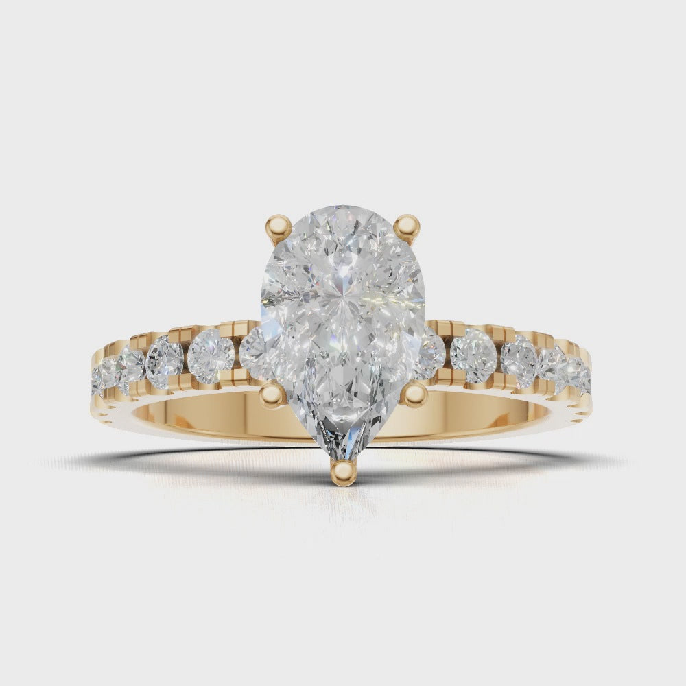Corrente, 1ct pear lab grown diamond engagement ring, 2.0mm Pave, 5 Prongs, 18K yellow gold - turning