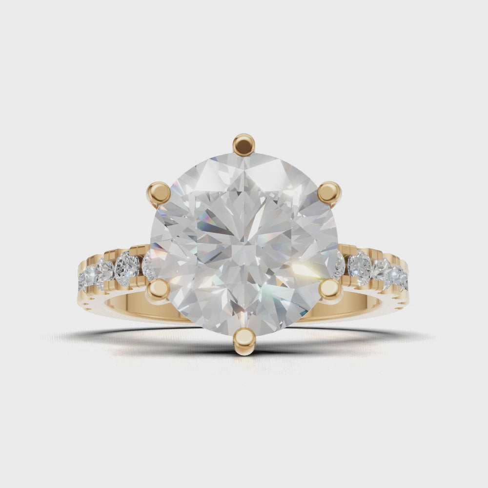 Selciato, 3ct round lab grown diamond engagement ring, 2.0mm Pave, 6 Prongs, 18K yellow gold - turning