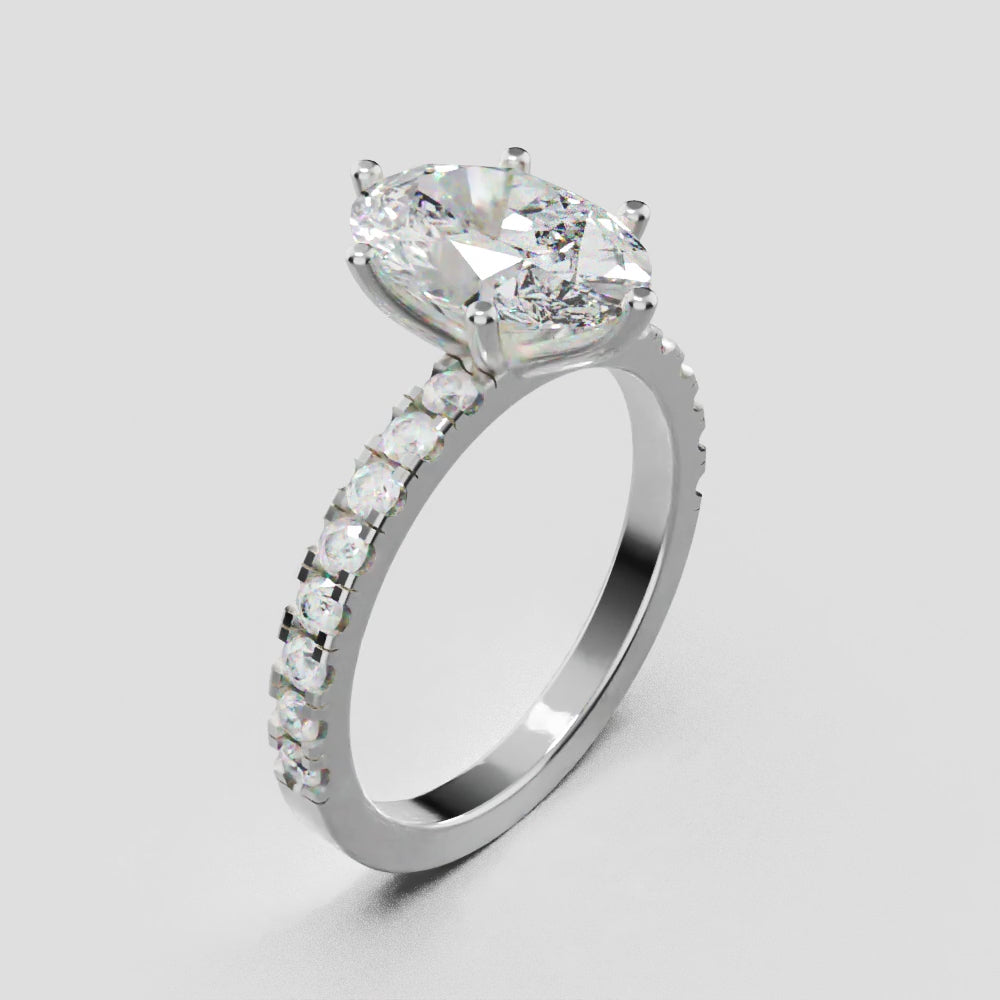 Pioggia, 2ct oval lab grown diamond engagement ring, 1.8mm Pave, 6 Prongs, 18K white gold - turning