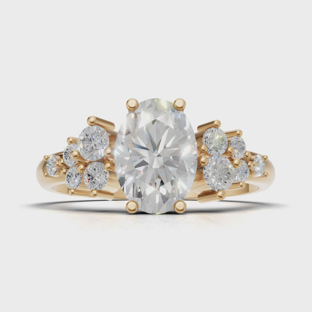 Sciame, 1ct oval lab grown diamond engagement ring, Cluster, 18K yellow gold - turning