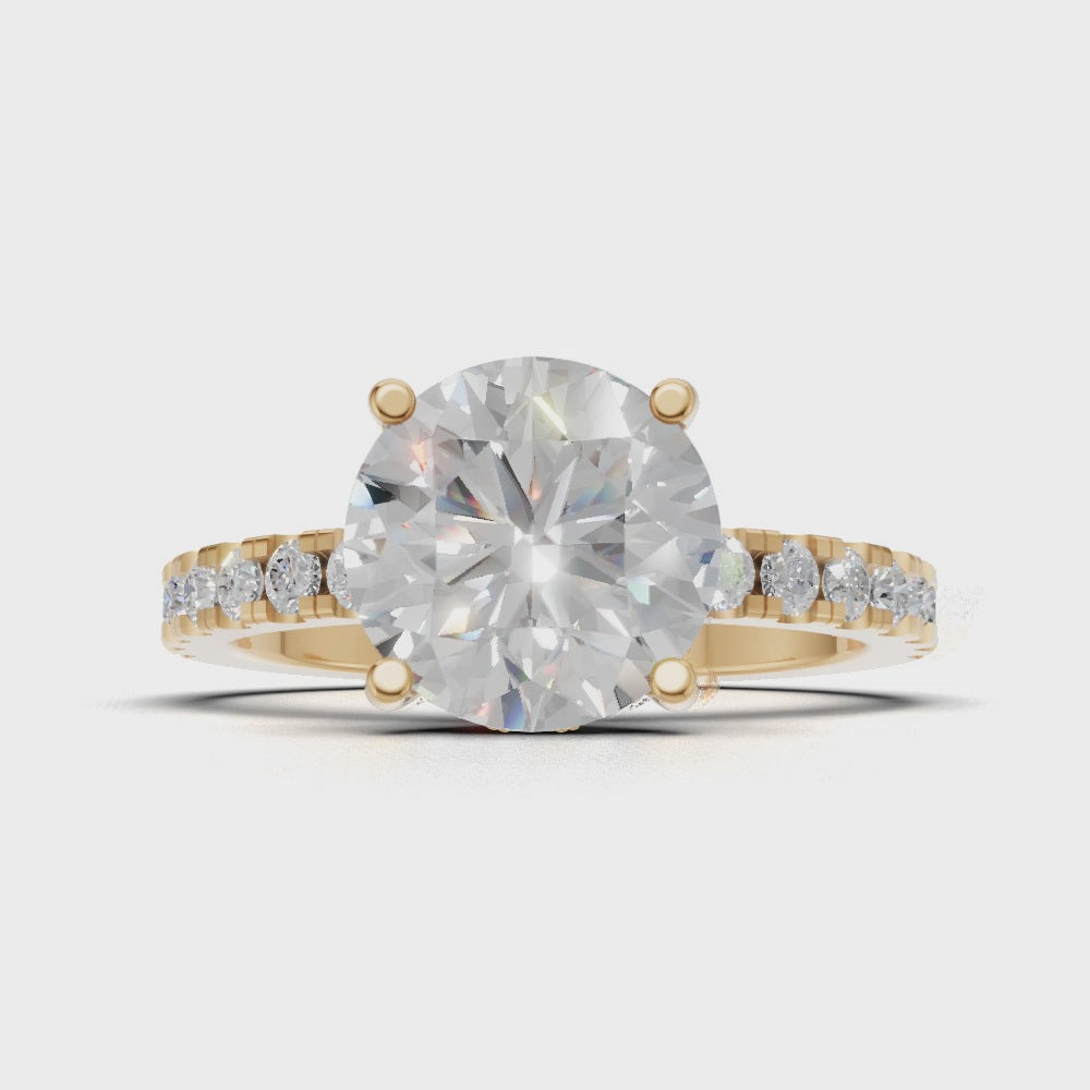 Brina, 2ct round lab grown diamond engagement ring, 1.8mm Pave, Hidden Halo, 4 Prongs, 18K yellow gold - turning
