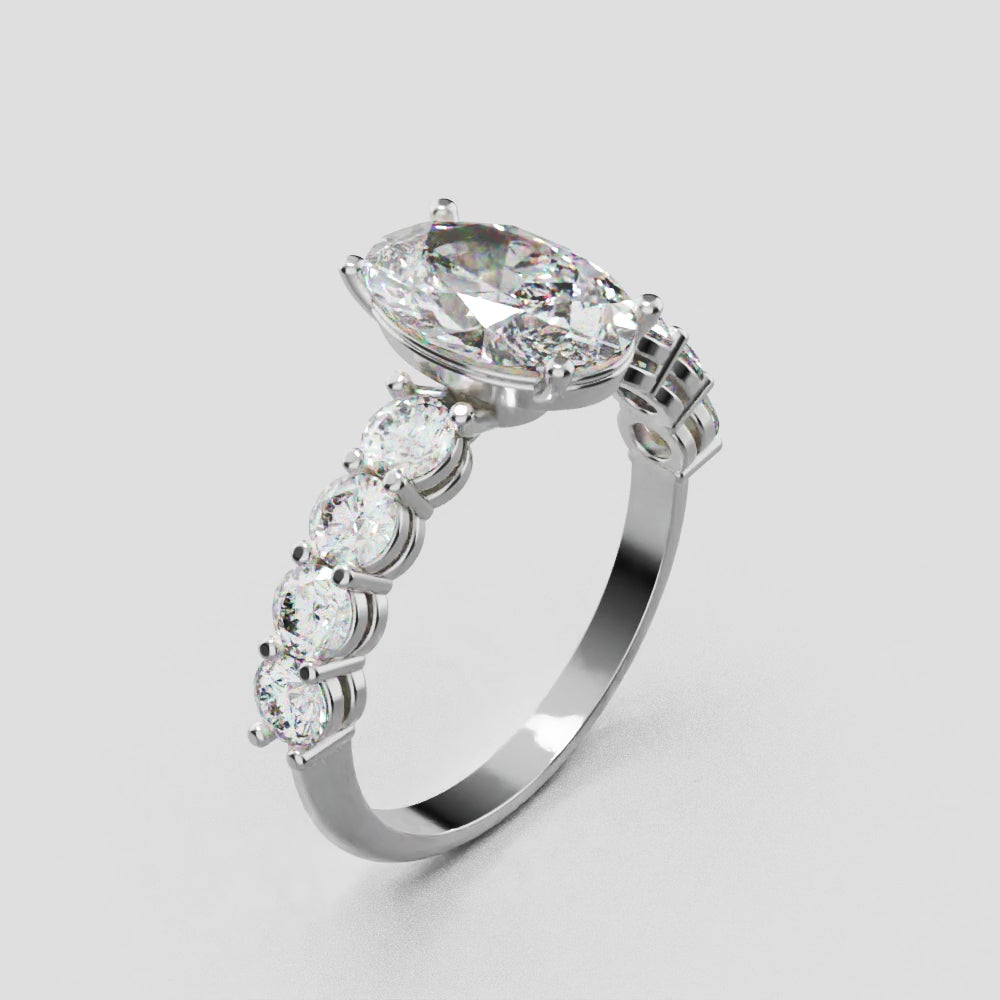 Fiume, 1.5ct oval lab grown diamond engagement ring, 3mm Side Stones, 18K white gold - turning