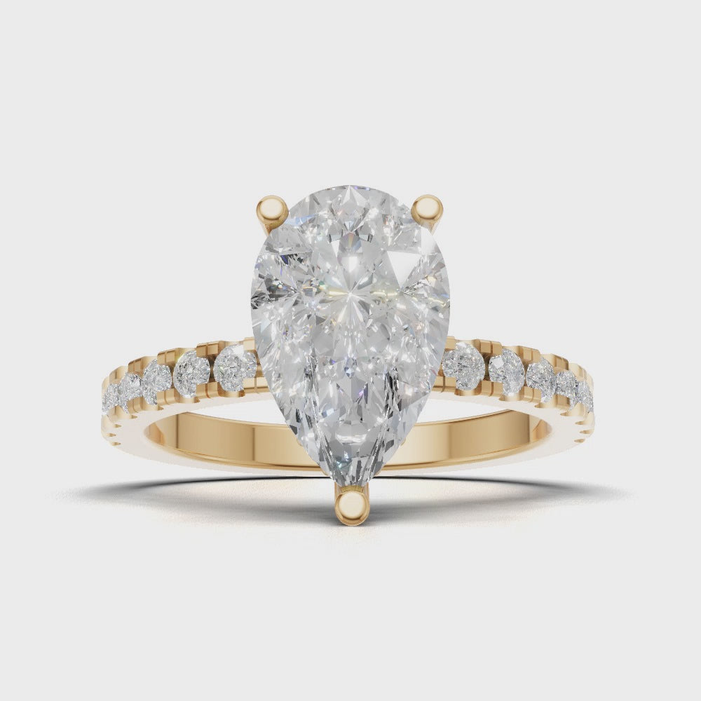 Sussurro, 2ct pear lab grown diamond engagement ring, 1.8mm Pave, Hidden Halo, 18K yellow gold - turning