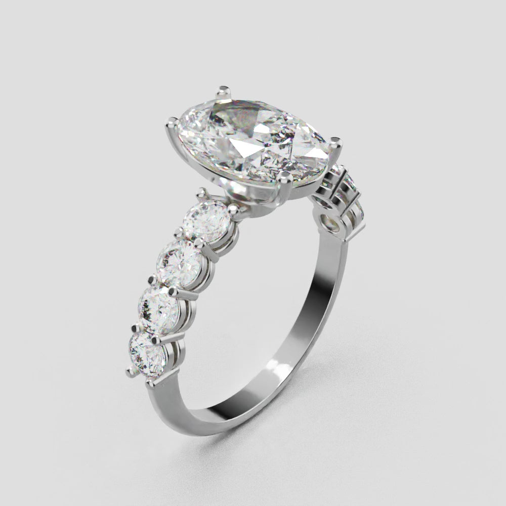 Fiume, 2ct oval lab grown diamond engagement ring, 3mm Side Stones, 18K white gold - turning