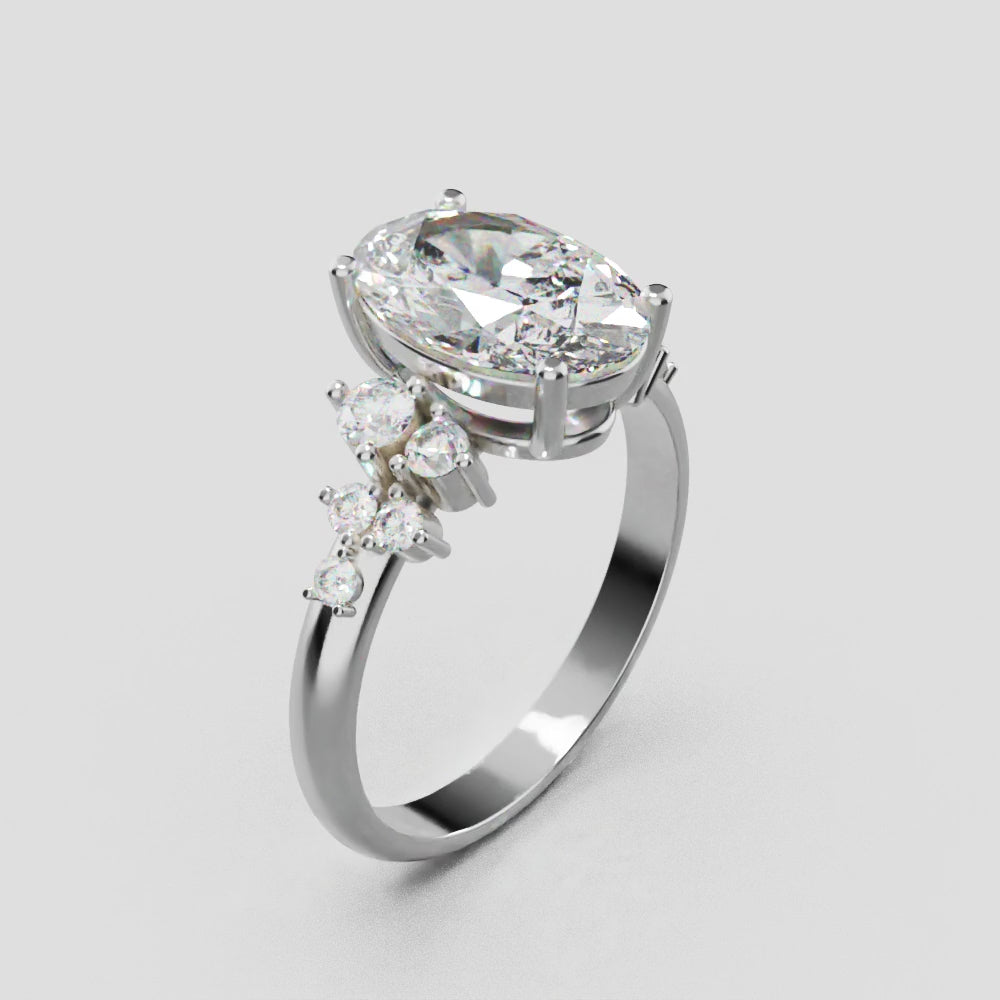 Sciame, 2ct oval lab grown diamond engagement ring, Cluster, 18K white gold - turning