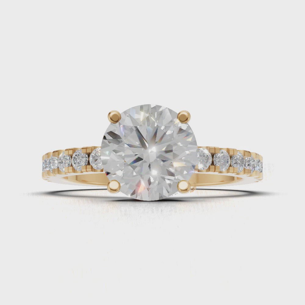 Brina, 1.5ct round lab grown diamond engagement ring, 1.8mm Pave, Hidden Halo, 4 Prongs, 18K yellow gold - turning