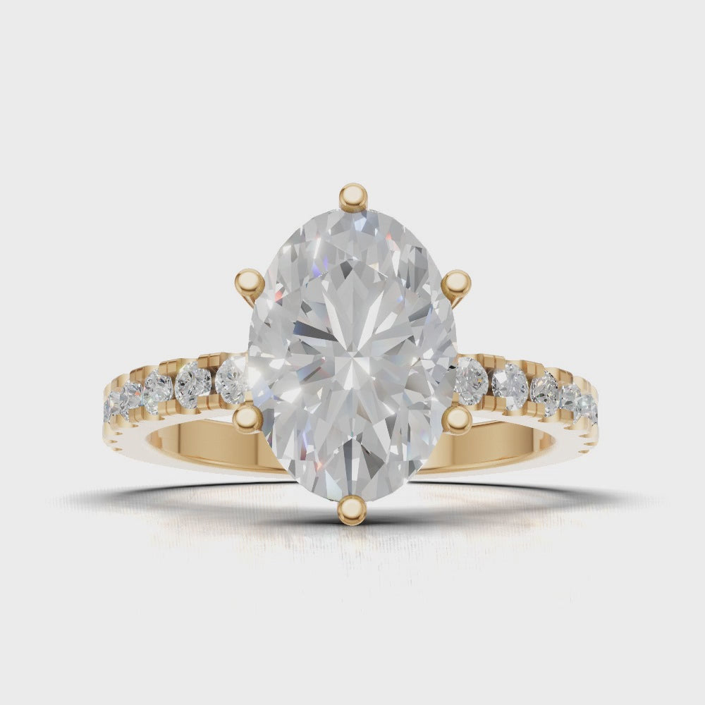 Bagliore, 2ct oval lab grown diamond engagement ring, 2.0mm Pave, 6 Prongs, 18K yellow gold - turning