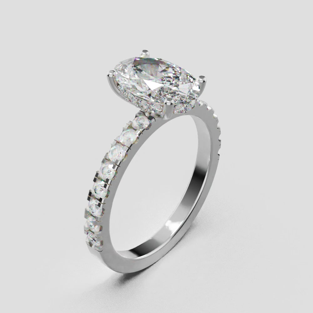 Foschia, 1.5ct oval lab grown diamond engagement ring, 1.8mm Pave, Hidden Halo, 18K white gold - turning