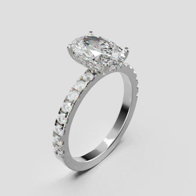 Foschia, 1.5ct oval lab grown diamond engagement ring, 1.8mm Pave, Hidden Halo, 18K white gold - turning