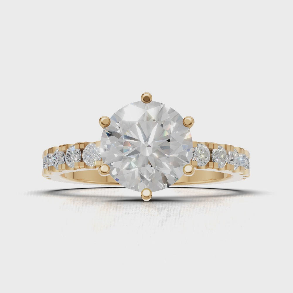 Selciato, 1.5ct round lab grown diamond engagement ring, 2.0mm Pave, 6 Prongs, 18K yellow gold - turning