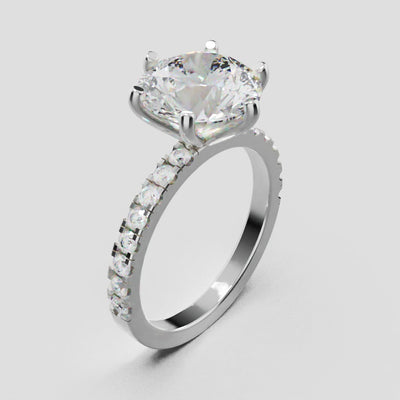 Rugiada, 3ct round lab grown diamond engagement ring, 1.8mm Pave, 6 Prongs, 18K white gold - turning