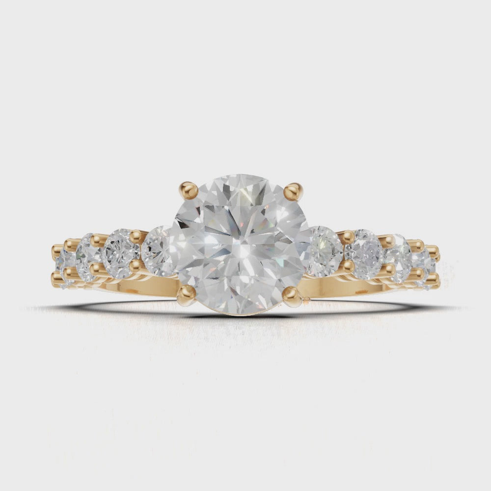 Sentiero, 1ct round lab grown diamond engagement ring, 2.5mm Side Stones, 18K yellow gold - turning