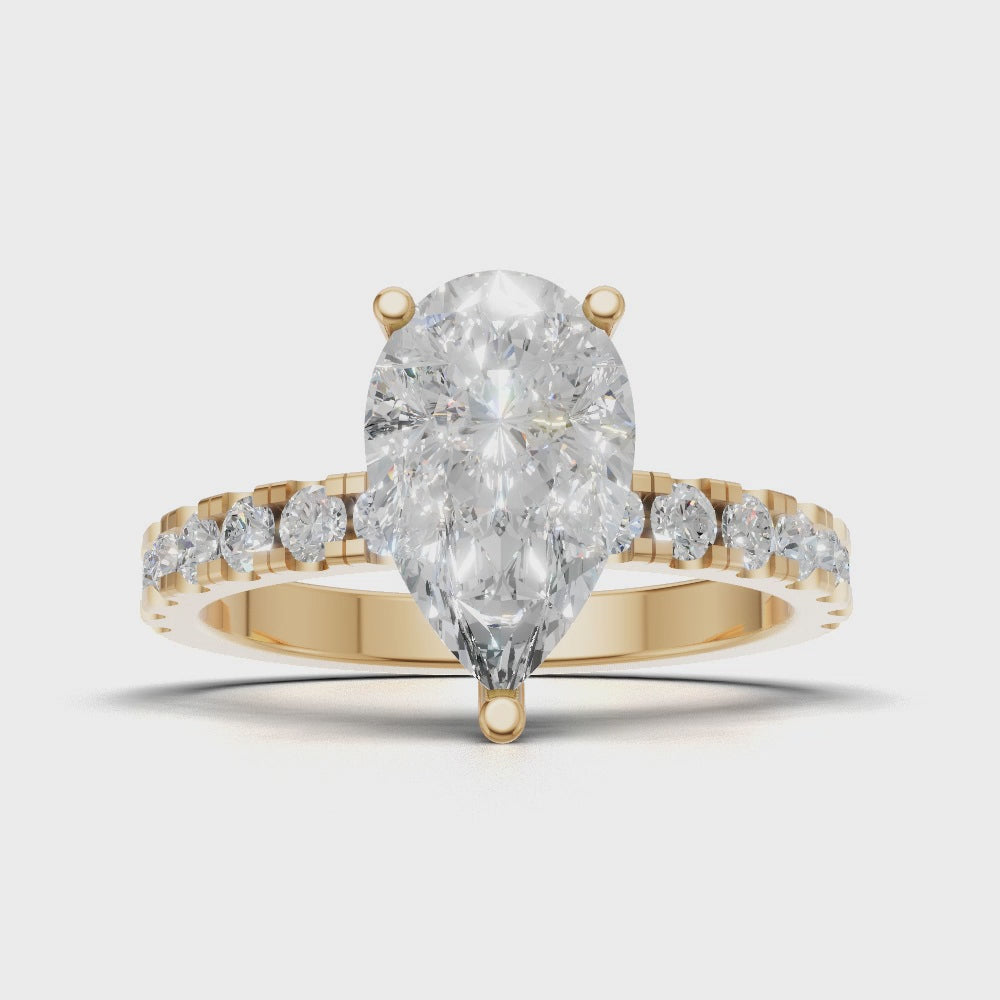 Alcova, 1.5ct pear lab grown diamond engagement ring, 2.0mm Pave, Hidden Halo, 18K yellow gold - turning