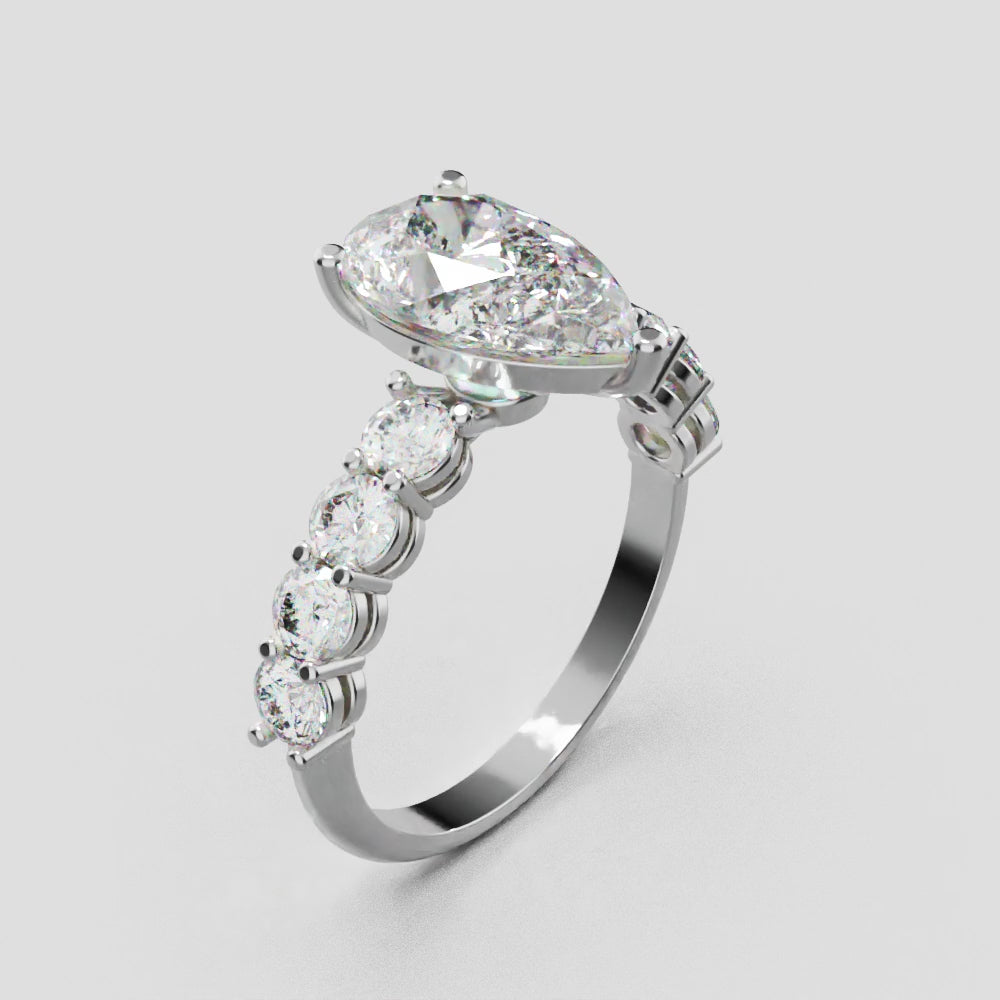 Lacrima, 2ct pear lab grown diamond engagement ring, 3mm Side Stones, 18K white gold - turning