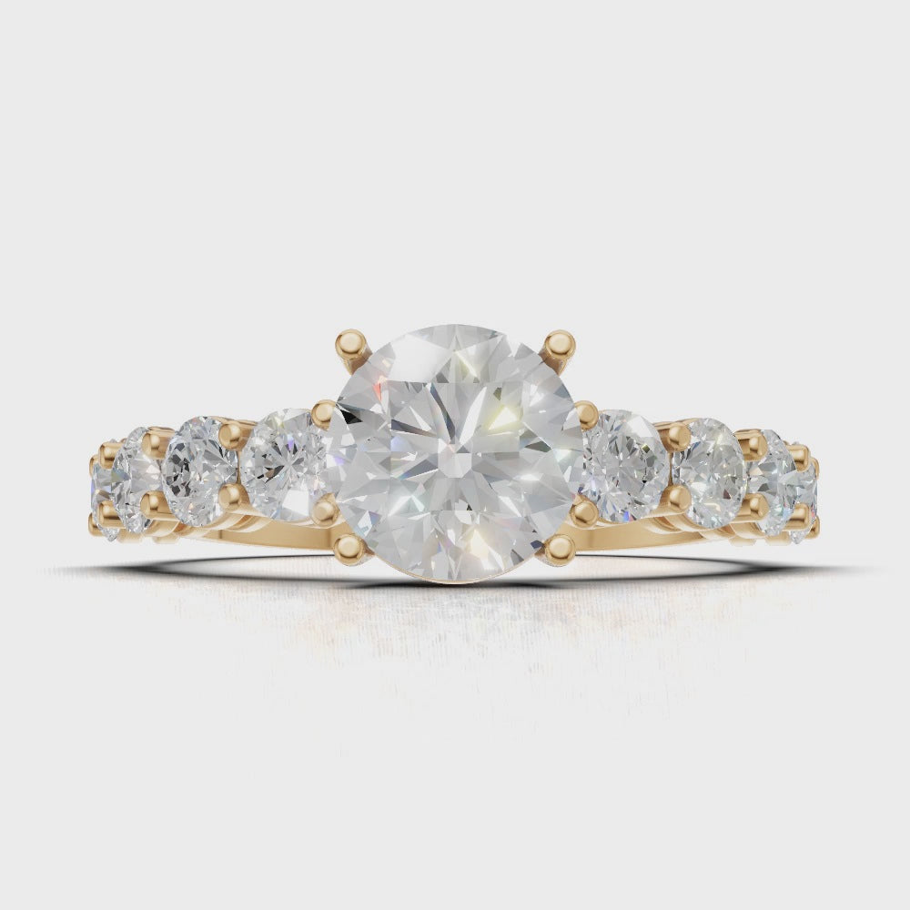 Corso, 3ct round lab grown diamond engagement ring, 3.5mm Side Stones, 18K yellow gold - turning