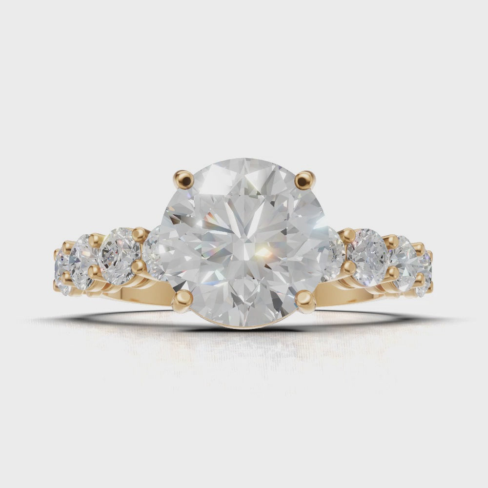 Viale, 2ct round lab grown diamond engagement ring, 3mm Side Stones, 18K yellow gold - turning